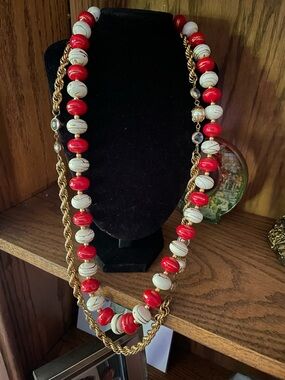 Vintage 80’s Red & White Beaded  Necklace with Gold Chain